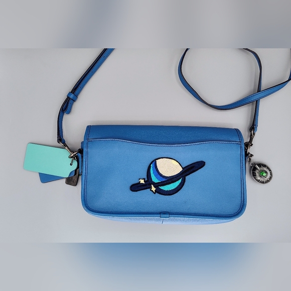 Upcycled Coach glovetanned turnlock crossbody bag w/ Space Patches. Azure Blue - Picture 7 of 14